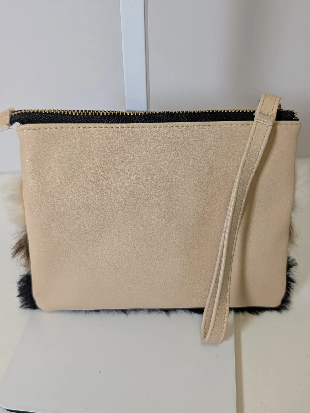 Betsey Johnson Beige, Leopard & Black Faux Fur Stripe Wristlet